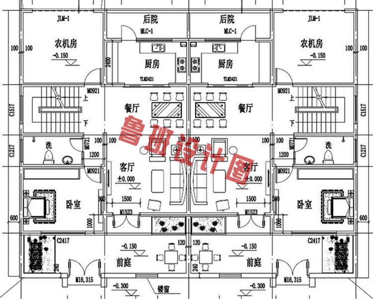 新型农村徽派三层双拼自建房一层户型图