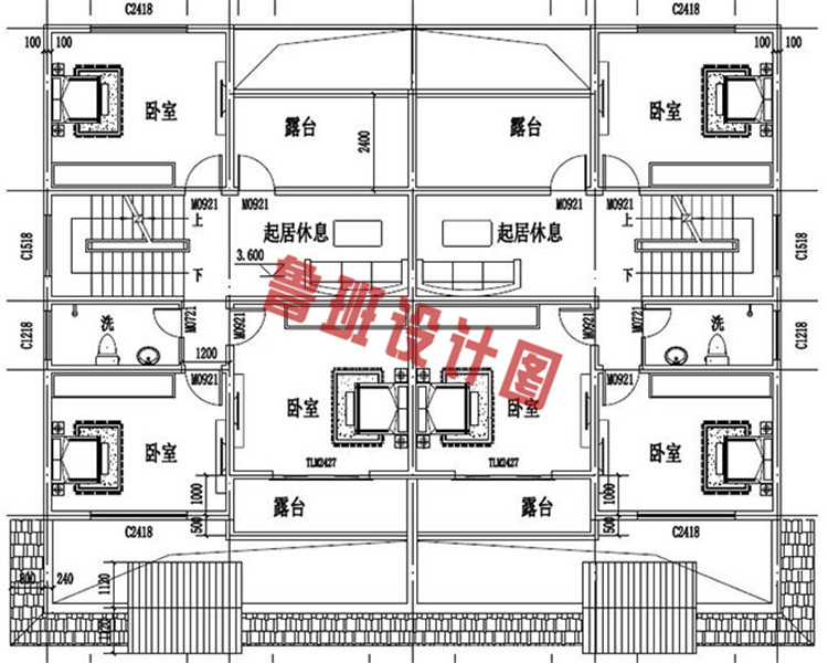 新型农村徽派三层双拼自建房二层户型图