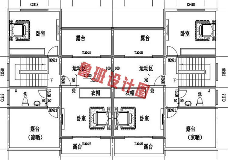 新型农村徽派三层双拼自建房三层户型图