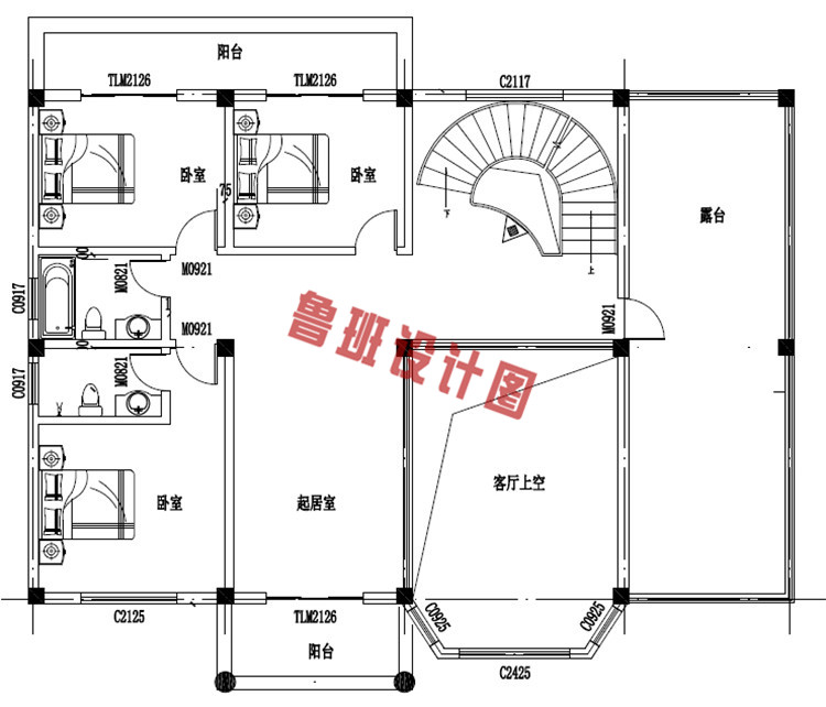 简欧风格四层豪华别墅设计二层户型图