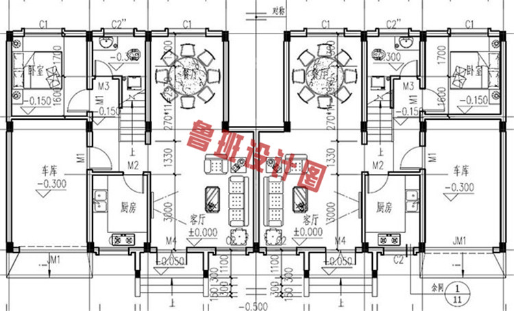 徽派三层双拼小别墅一层户型图