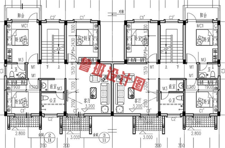 徽派三层双拼小别墅二层户型图