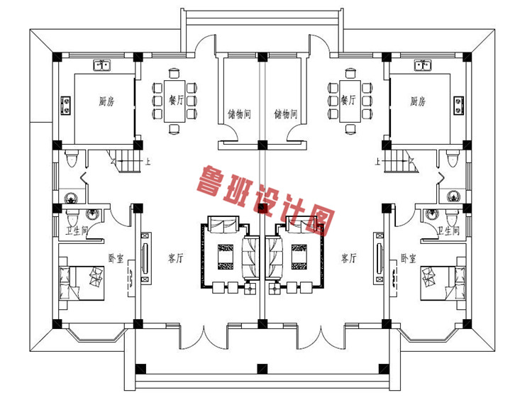 现代乡村四层双拼别墅设计一层户型图