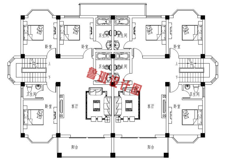 现代乡村四层双拼别墅设计二层户型图