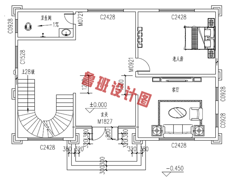 欧式高端大气四层别墅自建房屋设计一层户型图