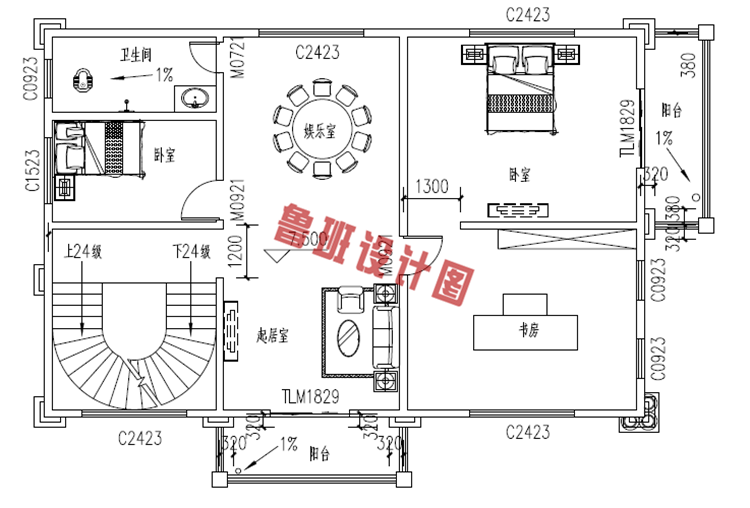 欧式高端大气四层别墅自建房屋设计三层户型图