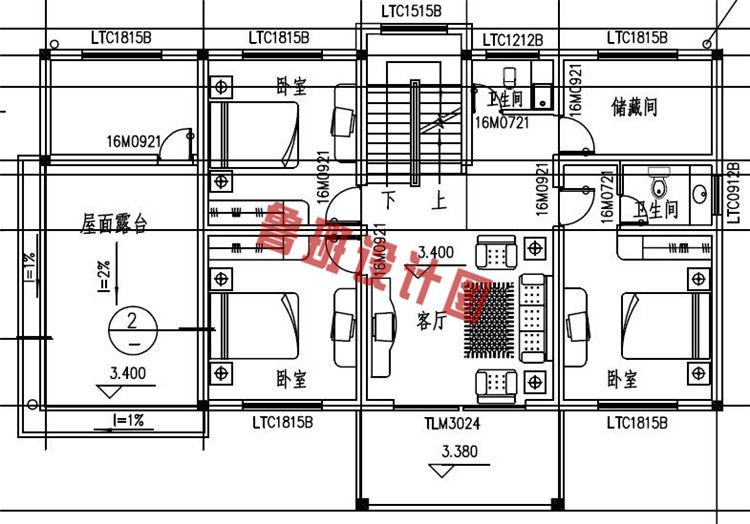 农村三层半别墅自建房设计二层户型图