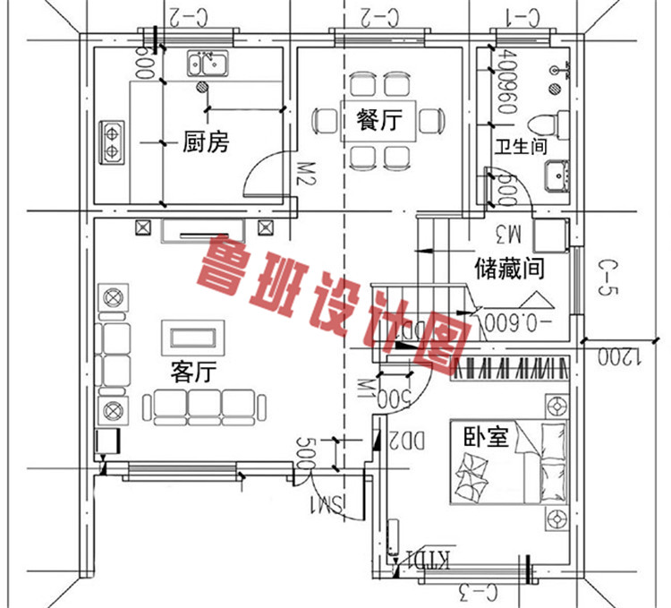 经典小户型二层双拼房屋设计一层户型图