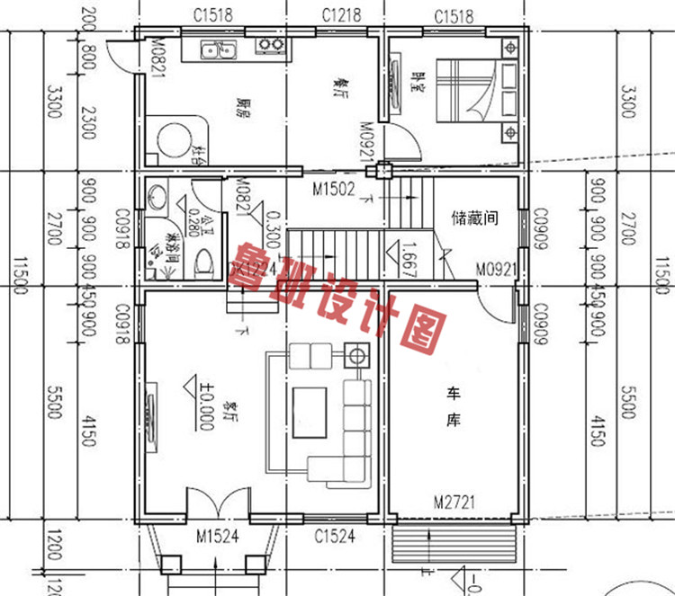 105平四层带车库别墅房屋设计一层户型图