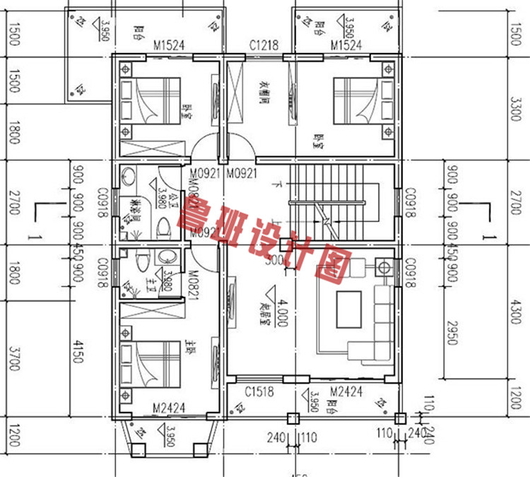105平四层带车库别墅房屋设计二层户型图