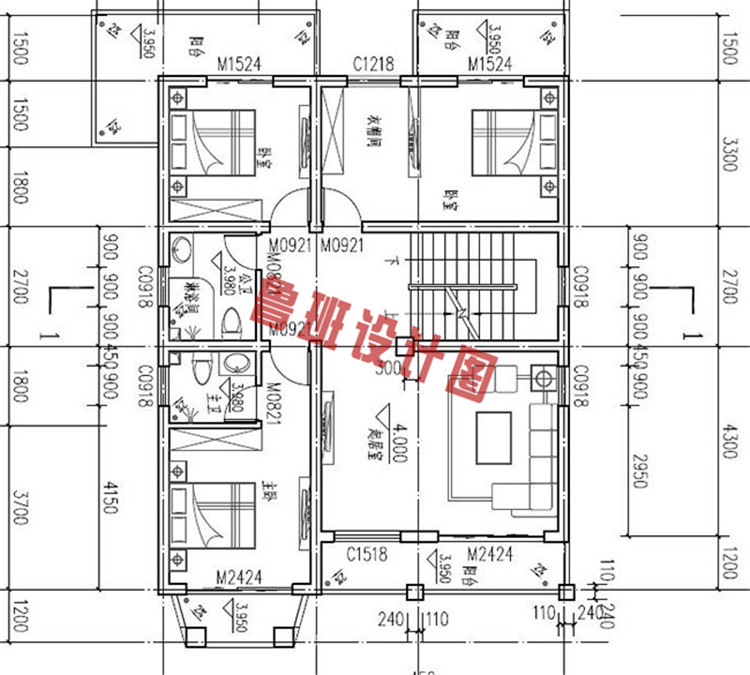 105平四层带车库别墅房屋设计二层户型图