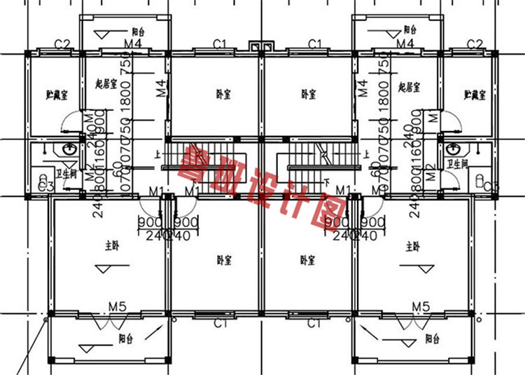 简洁兄弟三层双拼别墅设计二层户型图