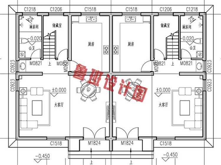 三层双拼自建房屋设计一层户型图