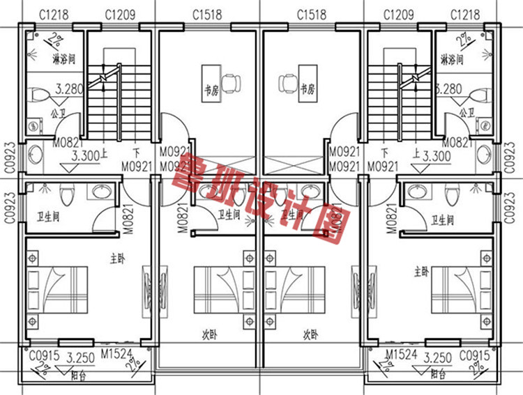 三层双拼自建房屋设计二层户型图
