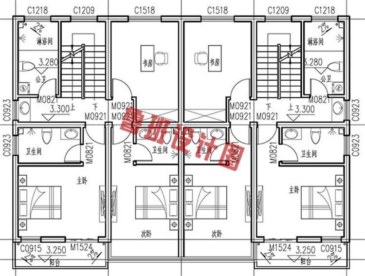 三层双拼自建房屋设计二层户型图