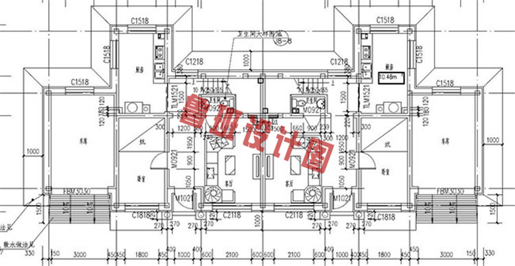 带车库乡村二层双拼设计一层户型图