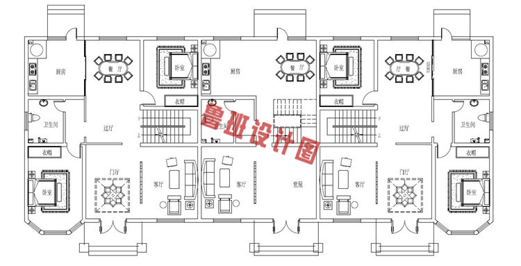 三拼三户连体新颖别墅设计一层户型图