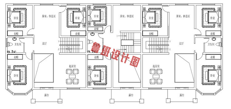 三拼三户连体新颖别墅设计二层户型图