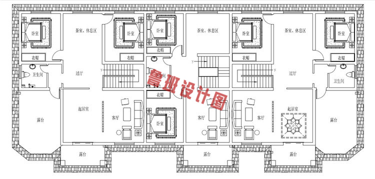 三拼三户连体新颖别墅设计三层户型图