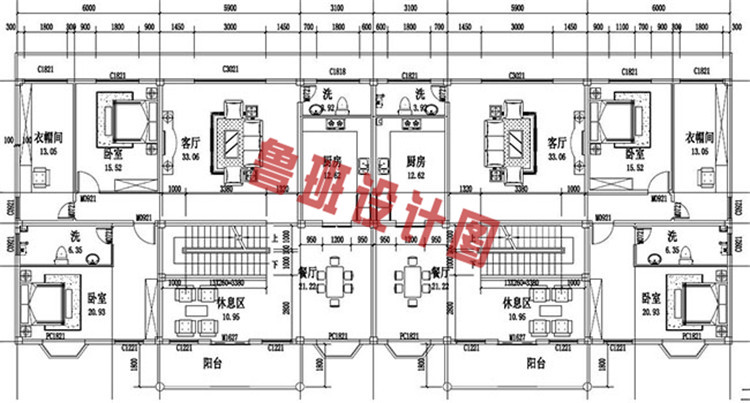 带商铺三层双拼别墅房屋设计二层户型图