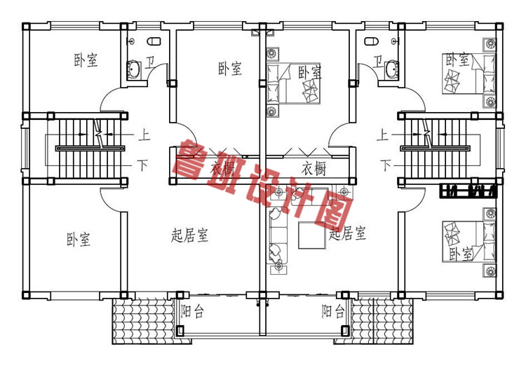 农村双拼三层小别墅设计二层户型图