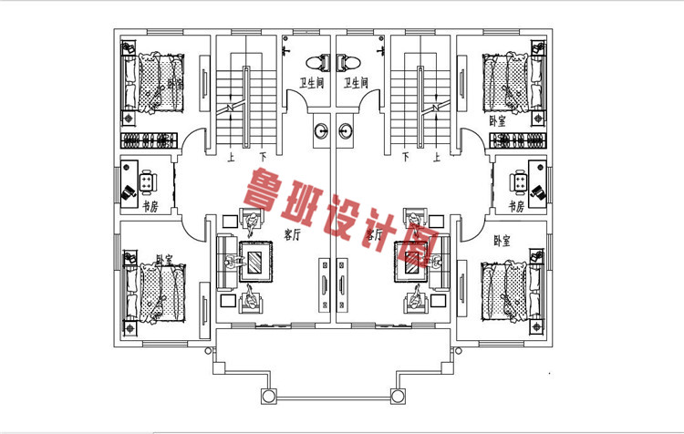 豪华三层双拼别墅房屋设计二层户型图