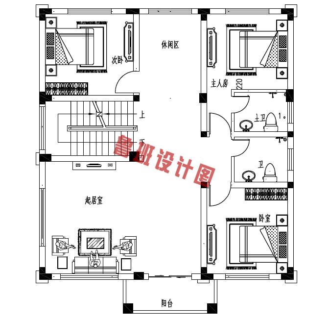 120平米农村三层别墅二层户型图