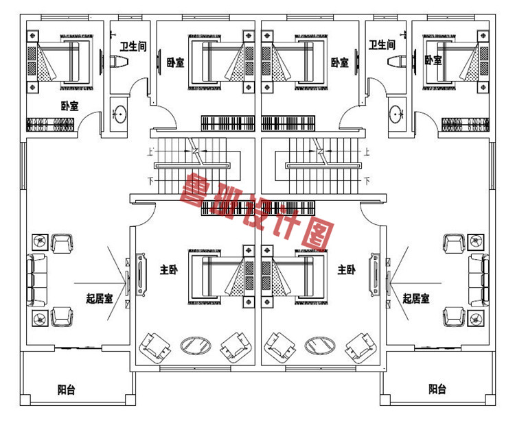 最新三层双拼自建别墅设计二层户型图