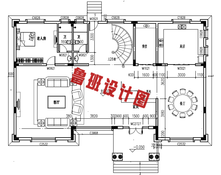 带旋转楼梯二层别墅设计一层户型图