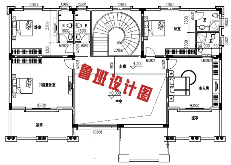 带旋转楼梯二层别墅设计二层户型图