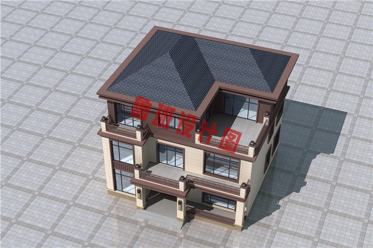 三层新中式别墅鸟瞰图