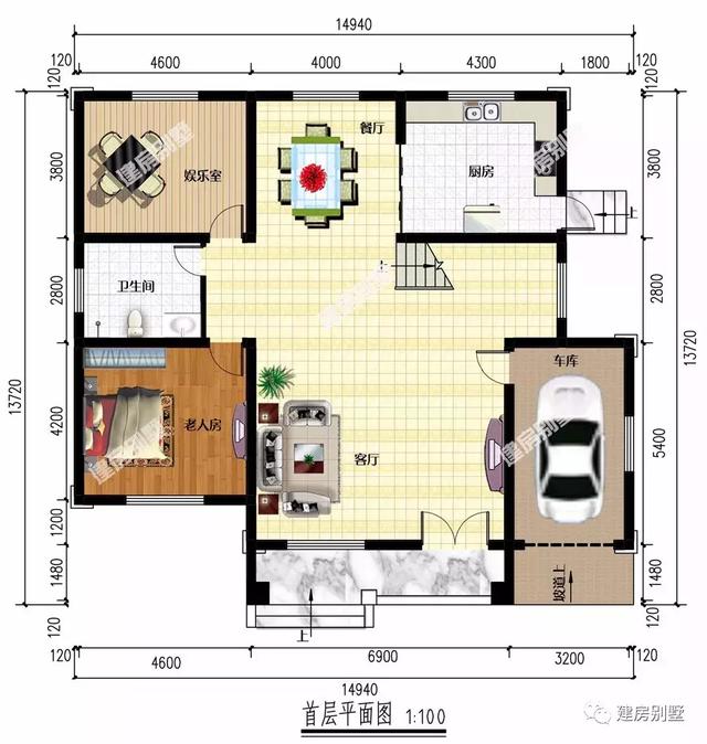 面宽相近的两栋农村自建房，第一栋带车库，第二栋3落地窗设计