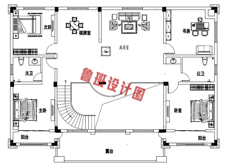 二层农村豪华别墅设计二层户型图