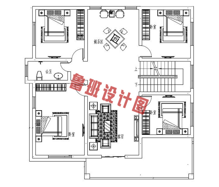 现代风格三层平屋顶别墅设计二层户型图