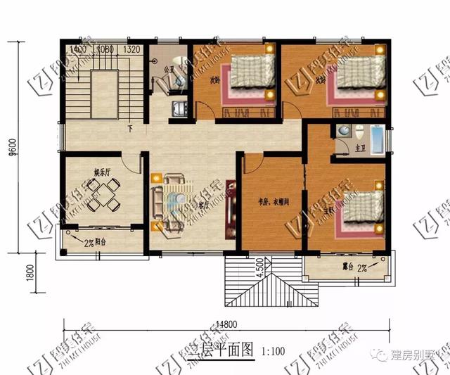 四开间设计的两栋农村别墅，有堂屋和土灶，室内很通透