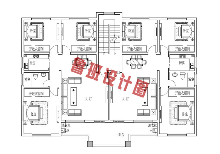 最新大空间三层双拼别墅设计二层户型图