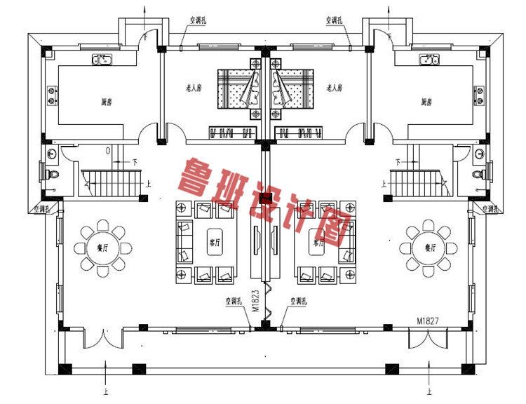 最新欧式三层双拼设计一层户型图