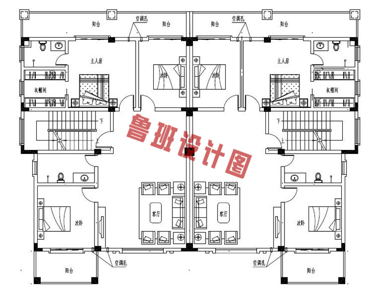 最新欧式三层双拼设计二层户型图