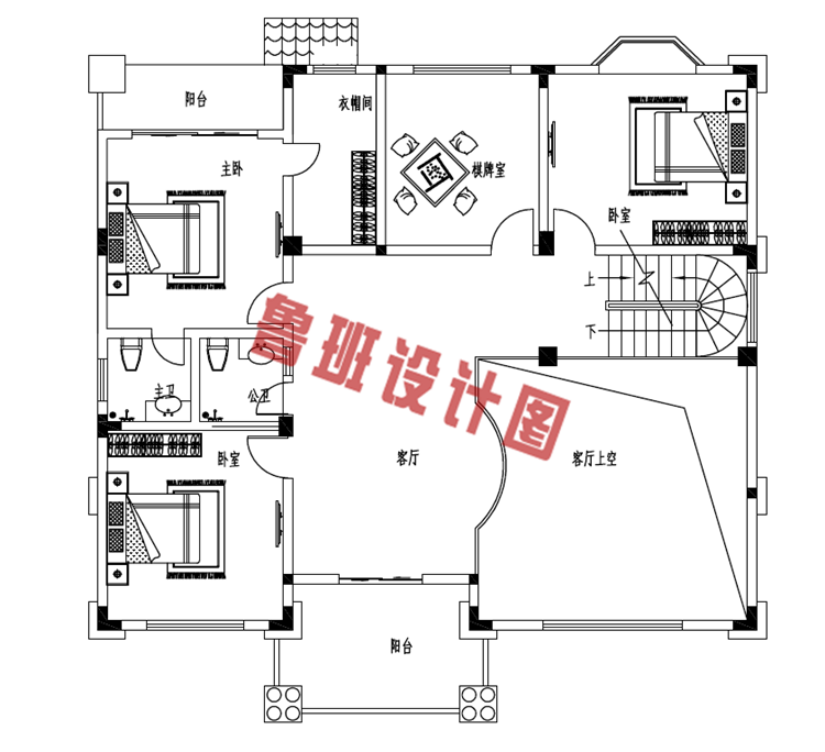 带挑空客厅三层乡村别墅设计二层户型图