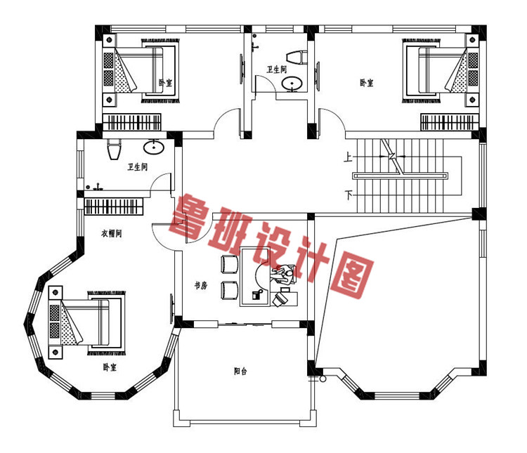 新款三层复式别墅自建房设计二层户型图