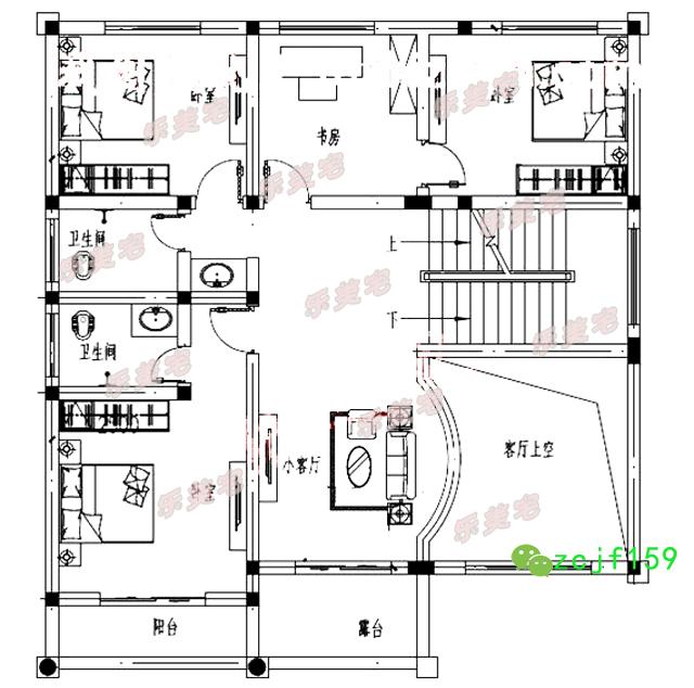 进深12米二层半带挑空客厅复式别墅设计户型图，外观时尚