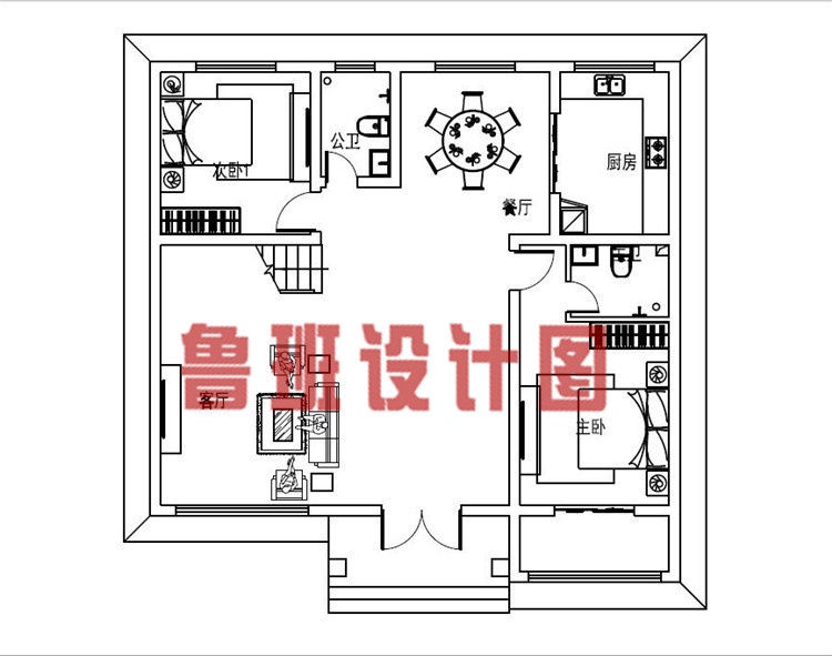 12x11米带茶室和书房三层乡村别墅设计一层户型图