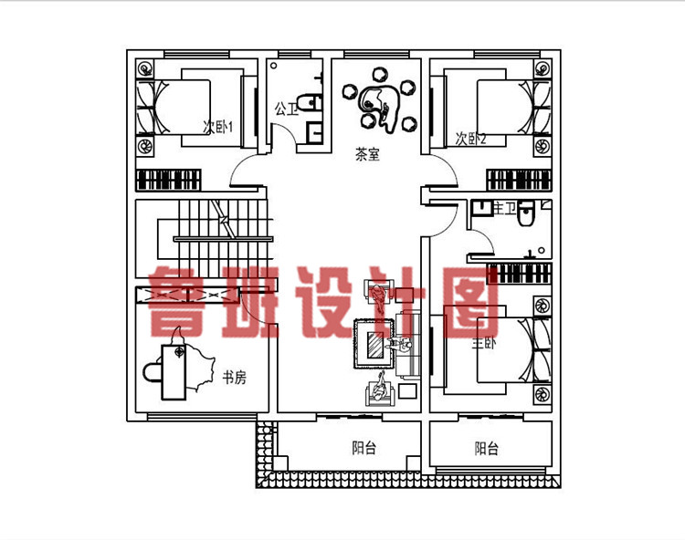 12x11米带茶室和书房三层乡村别墅设计二层户型图