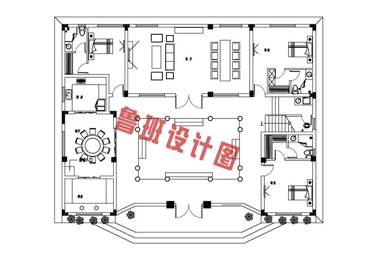 新中式二层小四合院别墅设计一层户型图