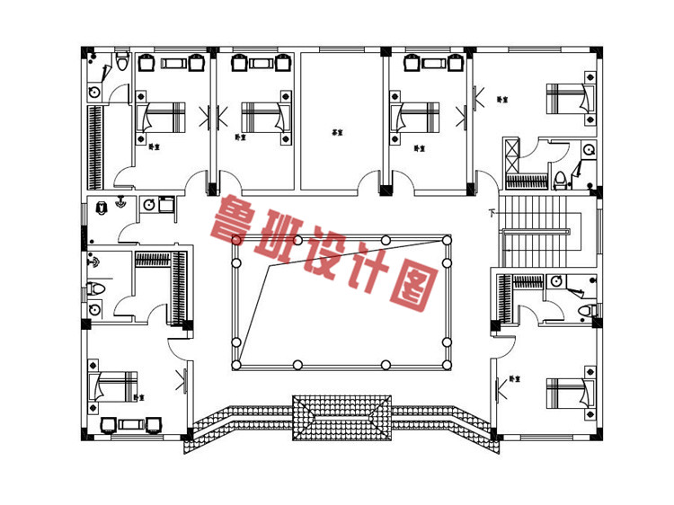 新中式二层小四合院别墅设计二层户型图