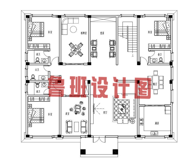 新农村现代欧式带多媒体影音室三层别墅设计一层户型图