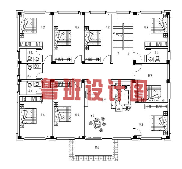 新农村现代欧式带多媒体影音室三层别墅设计二层户型图