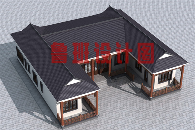 现代新中式带书房一层父母养老别墅设计鸟瞰图