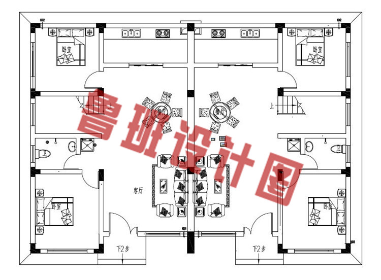 现代新中式二层双拼别墅设计一层户型图