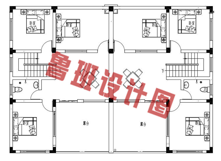 现代新中式二层双拼别墅设计二层户型图